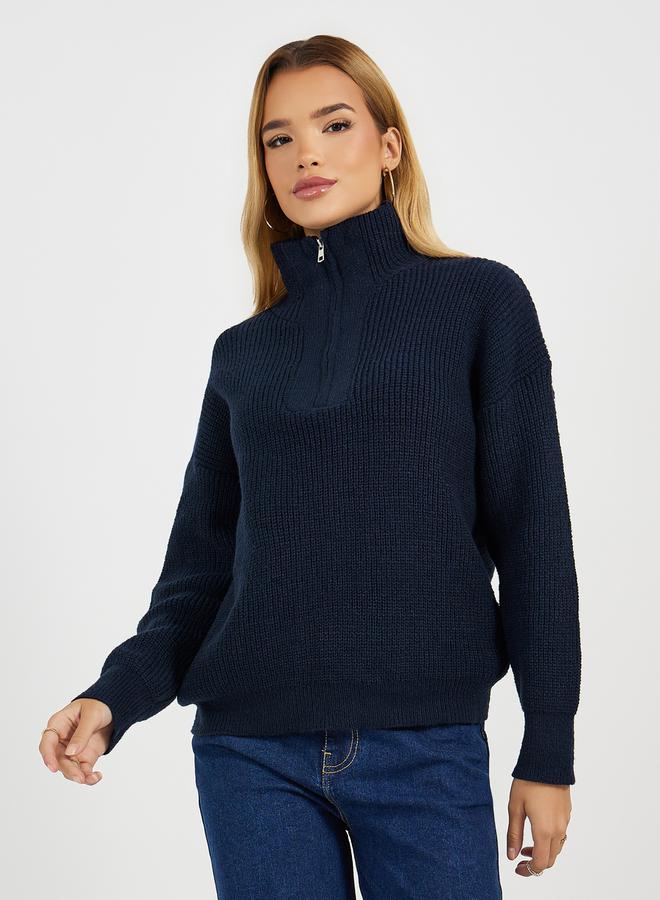 Styli Half Zip Placket Regular Fit Knit Top  - Image 1