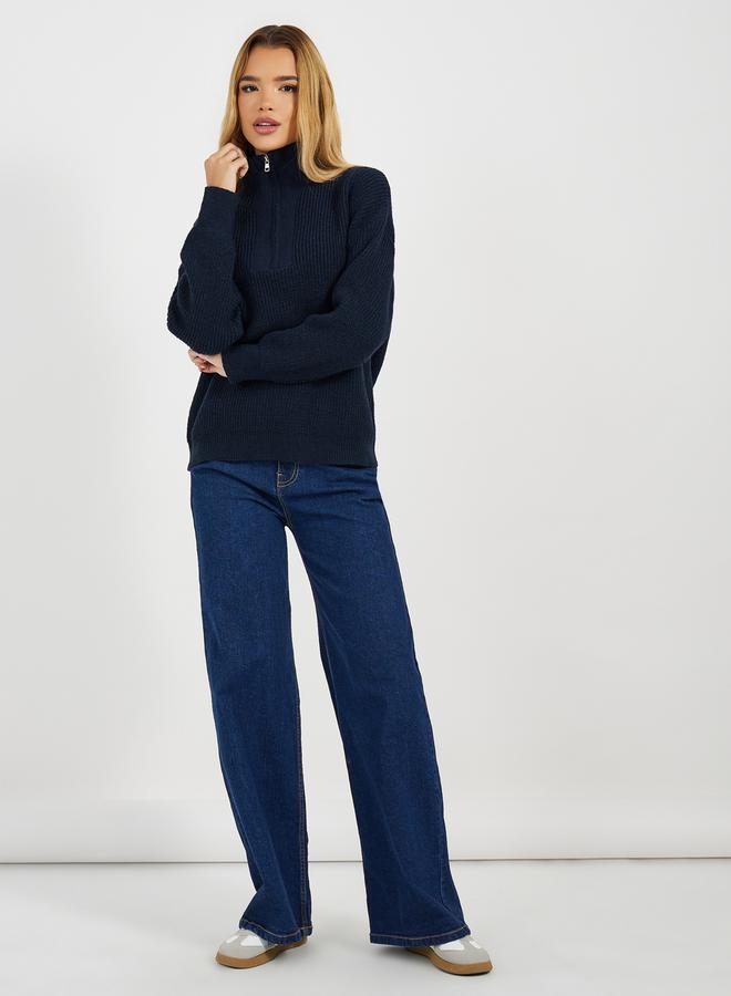 Styli Half Zip Placket Regular Fit Knit Top  - Image 2