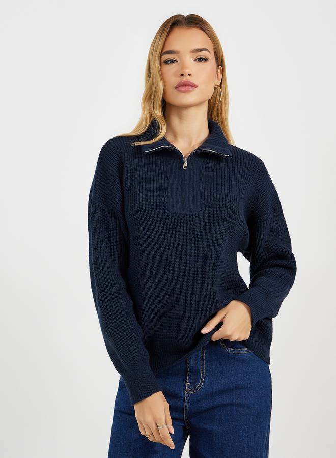 Styli Half Zip Placket Regular Fit Knit Top  - Image 3