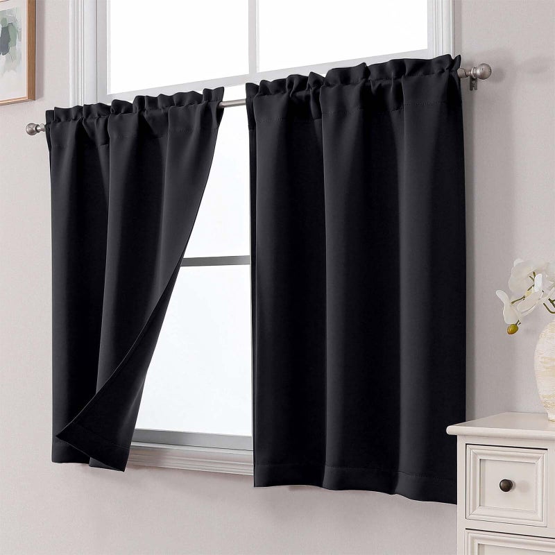 WelvetBLK Cafe Curtains Tier 36 Inch Length 2 Panels, Short Thermal Insulated Room Darkening Small Kitchen Window Blackout Curtains Over Sink for Bathroom Basement, Black, Each 30" Wx36 L - Image 2