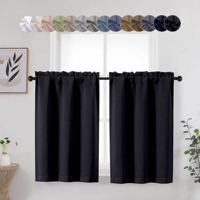 WelvetBLK Cafe Curtains Tier 36 Inch Length 2 Panels, Short Thermal Insulated Room Darkening Small Kitchen Window Blackout Curtains Over Sink for Bathroom Basement, Black, Each 30" Wx36 L - Image 1