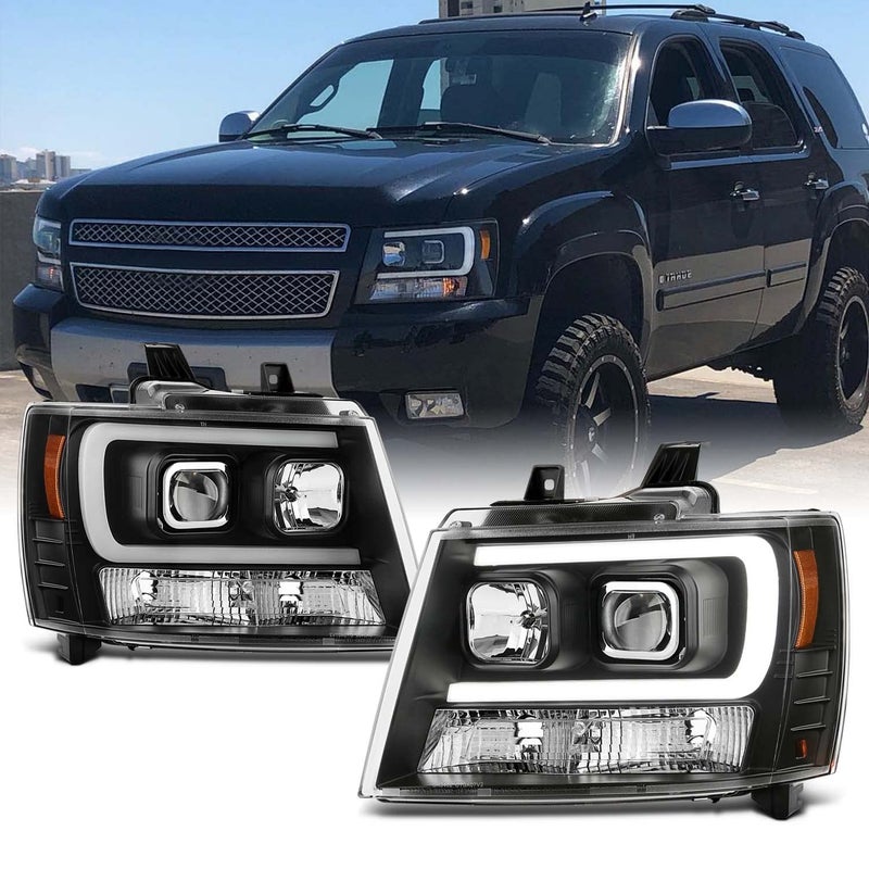 AKKON Black LED DRL Projector Head Lights Pair for 2007-2014 Chevy Suburban, Tahoe, Avalanche