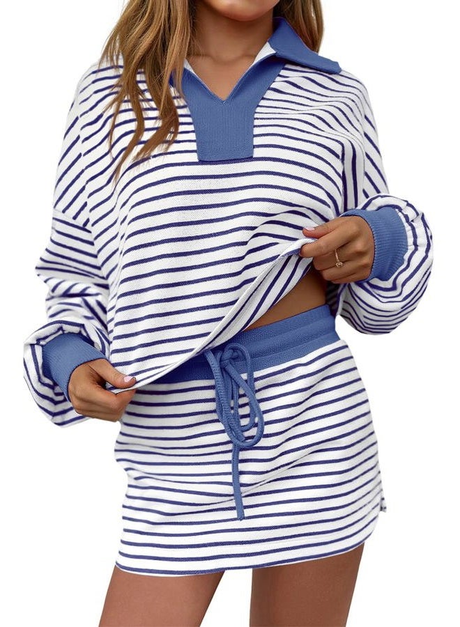 Fisoew Womens Striped 2 Piece Outfits Casual Sweatshirt Skirt Set Long Sleeve Skort Workout Set Matching Lounge Sets, Navy, L - Image 1