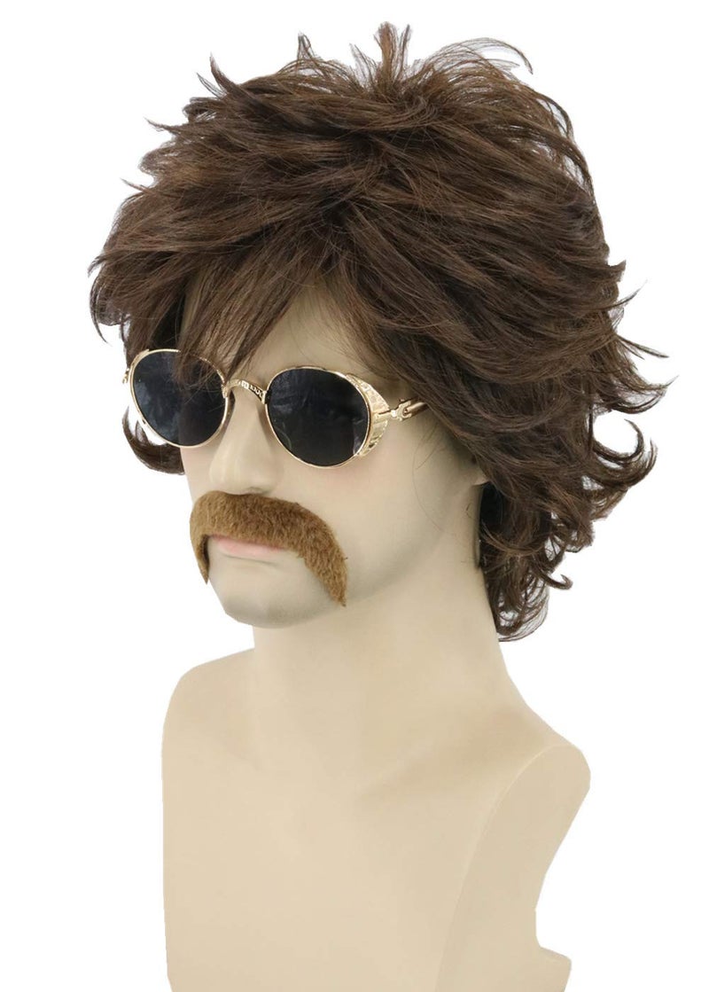 LeMarnia 70s Mens Wigs Brown Short Wavy Shaggy Wig Cosplay Halloween Costume Wigs+Wig Cap and Beard - Image 1