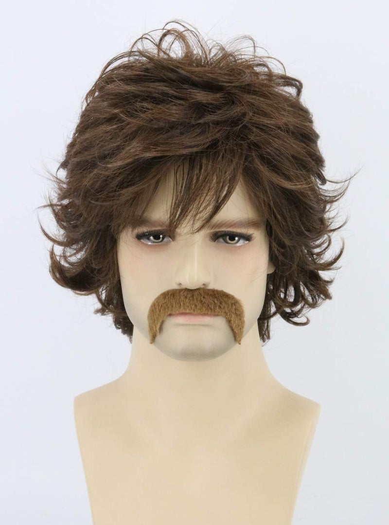 LeMarnia 70s Mens Wigs Brown Short Wavy Shaggy Wig Cosplay Halloween Costume Wigs+Wig Cap and Beard - Image 2