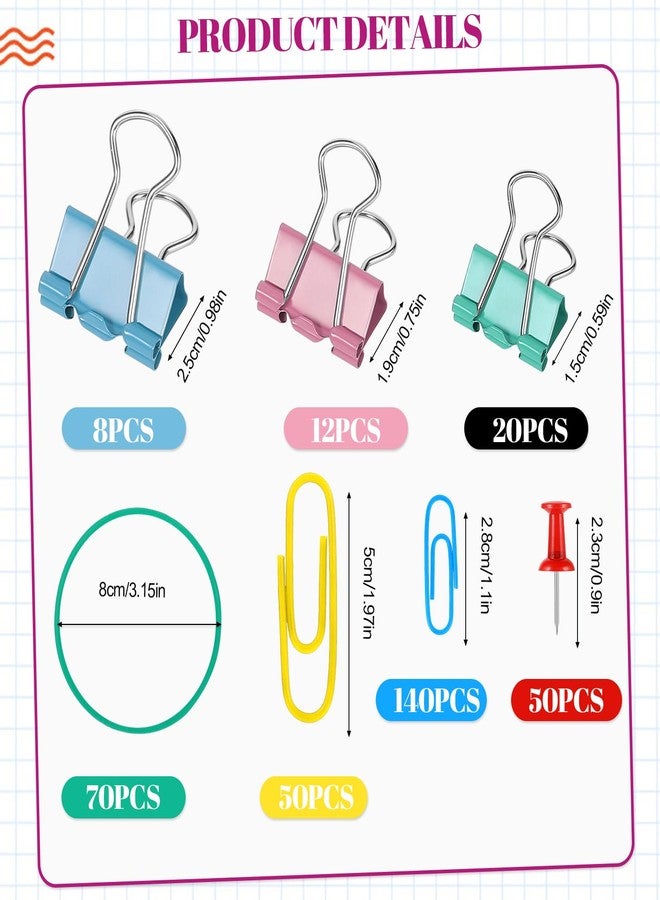 SUMAJU 350 Pcs Paper Clips Binder Clips Assorted Sizes, Colored Office Clips Set Paperclips Paper Clamps Rubber Bands Push Pins for Office and School Supplies - Image 2
