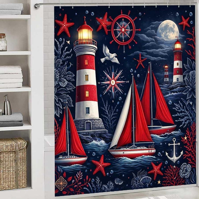 Lighthouses and Sailboats Under Moonlit SeaShower Curtain for Bathroom Waterproof Tan Shower Curtain with Hooks 71 inch x 71 inch - Image 2