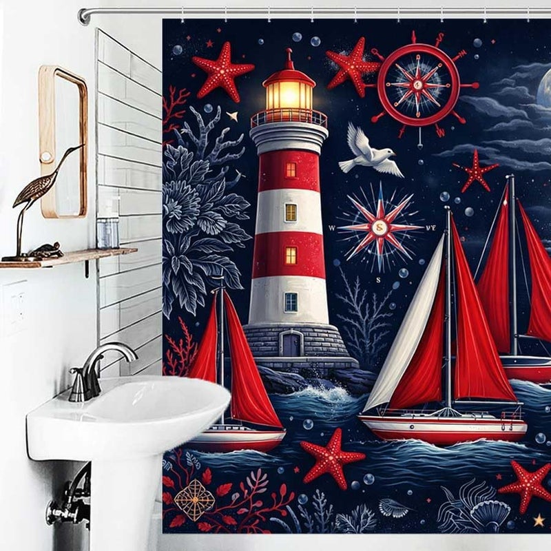 Lighthouses and Sailboats Under Moonlit SeaShower Curtain for Bathroom Waterproof Tan Shower Curtain with Hooks 71 inch x 71 inch - Image 4
