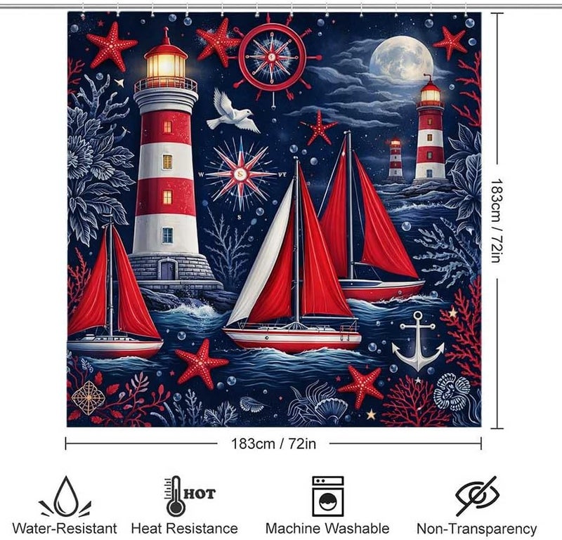 Lighthouses and Sailboats Under Moonlit SeaShower Curtain for Bathroom Waterproof Tan Shower Curtain with Hooks 71 inch x 71 inch - Image 3