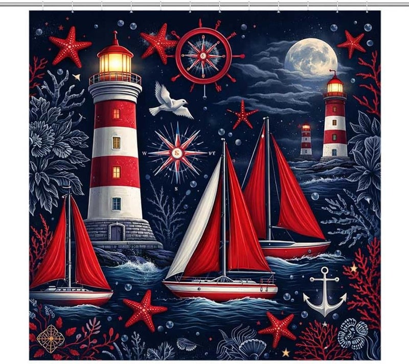 Lighthouses and Sailboats Under Moonlit SeaShower Curtain for Bathroom Waterproof Tan Shower Curtain with Hooks 71 inch x 71 inch - Image 1