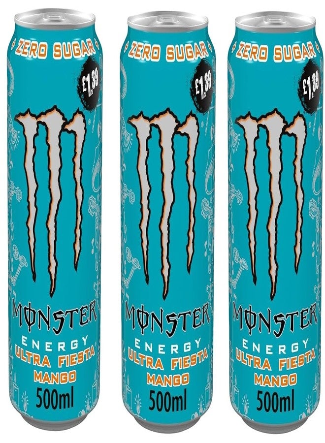 Monster Energy Drink Ultra Fiesta Mango Zero Sugar Energy Drink, 500ml Can, Pack of 3 (Product Of USA) - Image 1