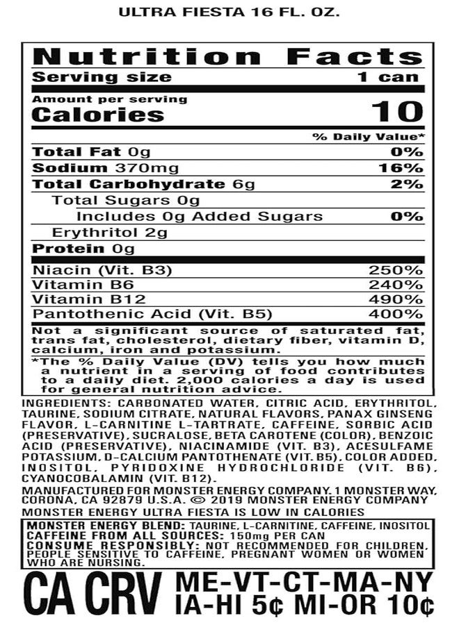 Monster Energy Drink Ultra Fiesta Mango Zero Sugar Energy Drink, 500ml Can, Pack of 3 (Product Of USA) - Image 4