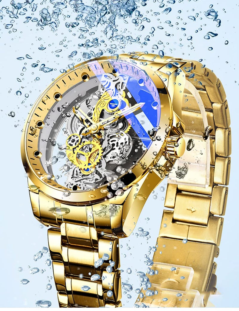 Gosasa Business Men Watch Double Sided Hollow Transparent Analog Display Stainless Steel Quartz Waterproof Creative Male Wrist Watch (Gold S) - Image 4