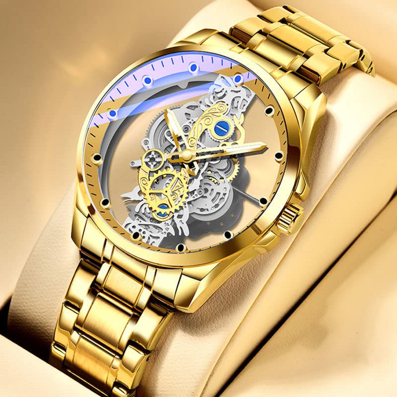 Gosasa Business Men Watch Double Sided Hollow Transparent Analog Display Stainless Steel Quartz Waterproof Creative Male Wrist Watch (Gold S) - Image 2