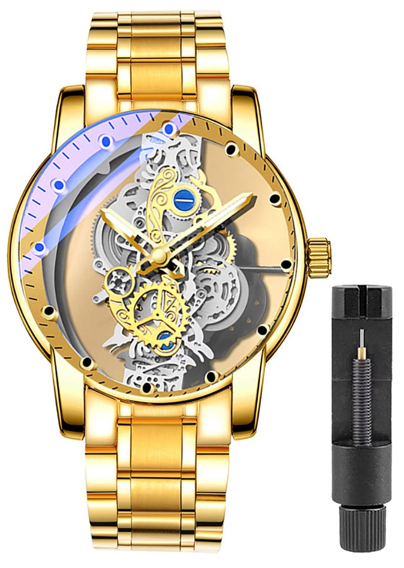 Gosasa Business Men Watch Double Sided Hollow Transparent Analog Display Stainless Steel Quartz Waterproof Creative Male Wrist Watch (Gold S) - Image 1