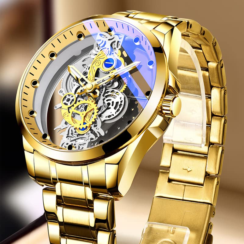 Gosasa Business Men Watch Double Sided Hollow Transparent Analog Display Stainless Steel Quartz Waterproof Creative Male Wrist Watch (Gold S) - Image 3