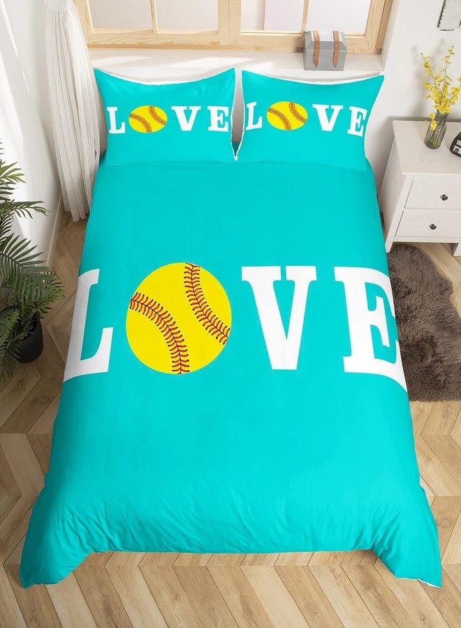 Feelyou Softball Bedding Set for Softball Lover Ball Sports Theme Comforter Cover Set Girls Women Bright Teal Yellow Room Decorative Duvet Cover Girly Bedspread Cover Queen Size 3Pcs Bedclothes - Image 1