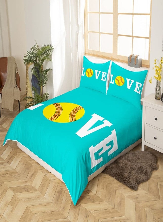 Feelyou Softball Bedding Set for Softball Lover Ball Sports Theme Comforter Cover Set Girls Women Bright Teal Yellow Room Decorative Duvet Cover Girly Bedspread Cover Queen Size 3Pcs Bedclothes - Image 2