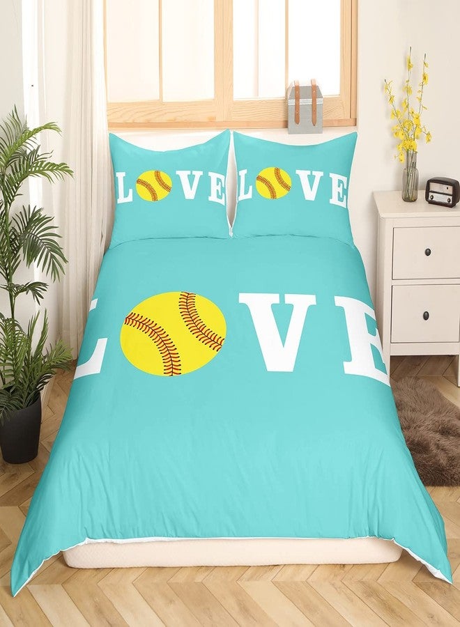 Feelyou Softball Bedding Set for Softball Lover Ball Sports Theme Comforter Cover Set Girls Women Bright Teal Yellow Room Decorative Duvet Cover Girly Bedspread Cover Queen Size 3Pcs Bedclothes - Image 3