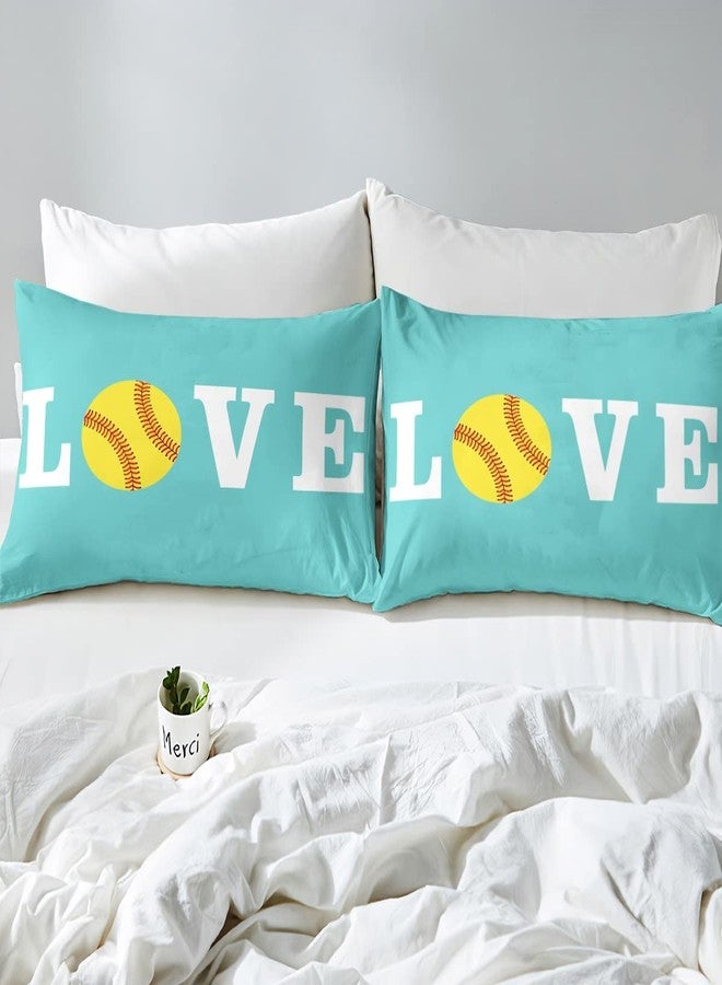 Feelyou Softball Bedding Set for Softball Lover Ball Sports Theme Comforter Cover Set Girls Women Bright Teal Yellow Room Decorative Duvet Cover Girly Bedspread Cover Queen Size 3Pcs Bedclothes - Image 4