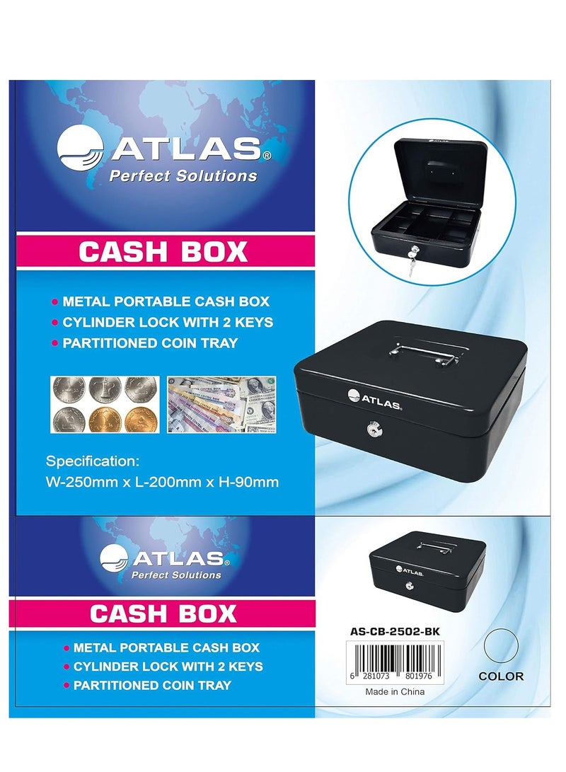 ATLAS صندوق نقدي فولاذي مع صينية وقفل بحجم 250X200x90 مم باللون الأسود - Image 1