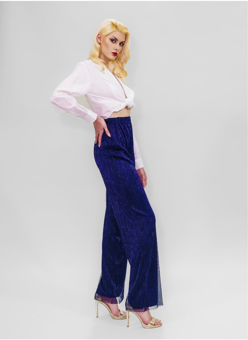 BITOLIA GALLERY Comfortable Long Lurex Shiny Pants Dark Blue with Stripes  - Image 3