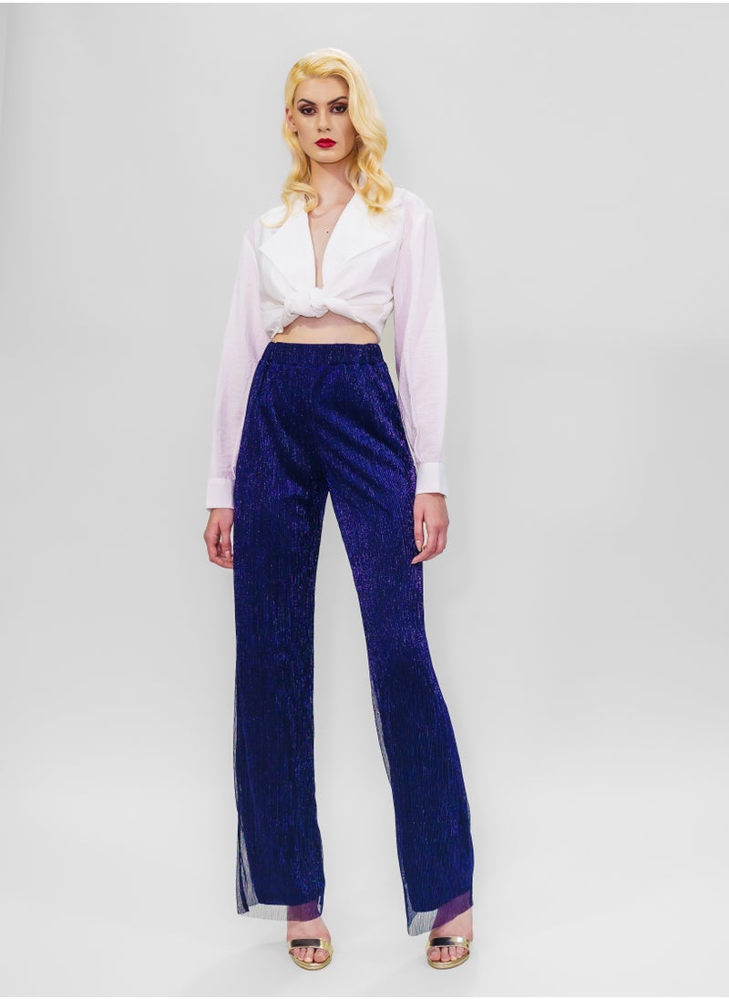 BITOLIA GALLERY Comfortable Long Lurex Shiny Pants Dark Blue with Stripes  - Image 1