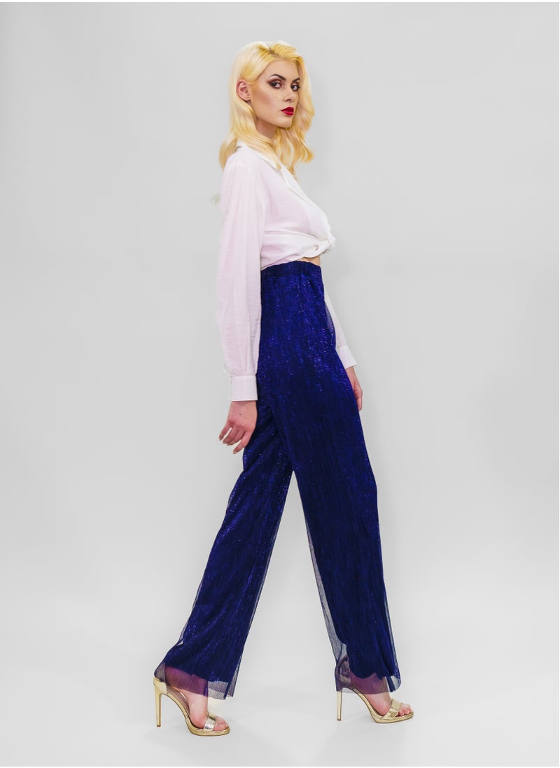 BITOLIA GALLERY Comfortable Long Lurex Shiny Pants Dark Blue with Stripes  - Image 4