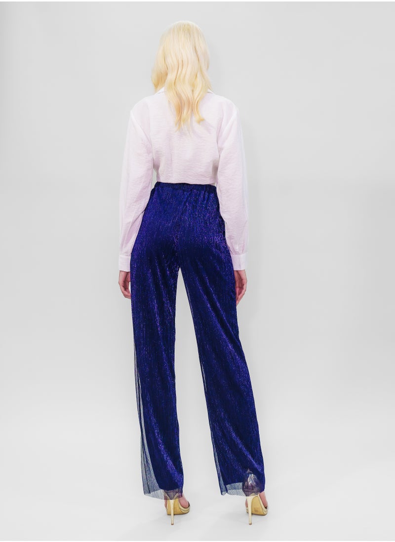 BITOLIA GALLERY Comfortable Long Lurex Shiny Pants Dark Blue with Stripes  - Image 2