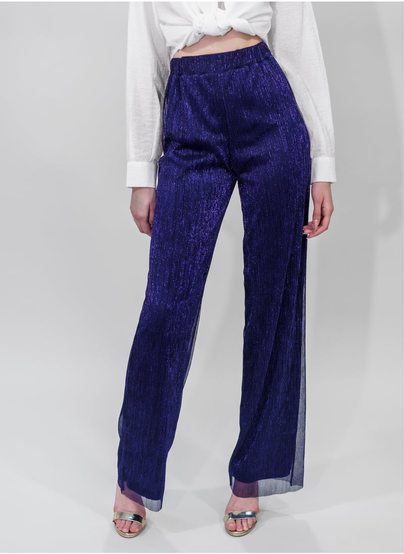 BITOLIA GALLERY Comfortable Long Lurex Shiny Pants Dark Blue with Stripes  - Image 5