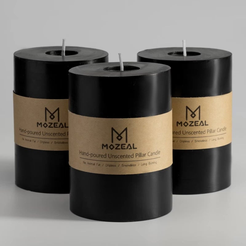 MOZEAL 3 x 4 HandPoured Unscented CandleDripless Pillar Candle Set of 3Long Clean BurningApprox 72 Hours Burn TimeRustic Country StyleWeddingDinnerChristmas and Home DecorBlack