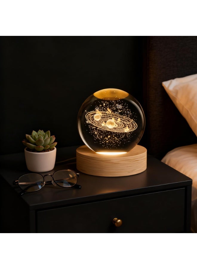 3D Starry Crystal Ball Night Light with Premium Crystal and Wooden Base - Warm Yellow Glow, USB Powered | Galaxy & Solar System Models | Snowman & Santa Designs for a Cozy Bedroom Atmosphere | Ideal for Home Decor, Office, Living Room | Perfect Gift for Astronomy Enthusiasts - Image 4
