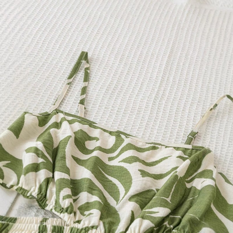 Women's Summer Green Floral Long Sleeveless Dress, Cut-out Waist, Vacation Style - Image 3