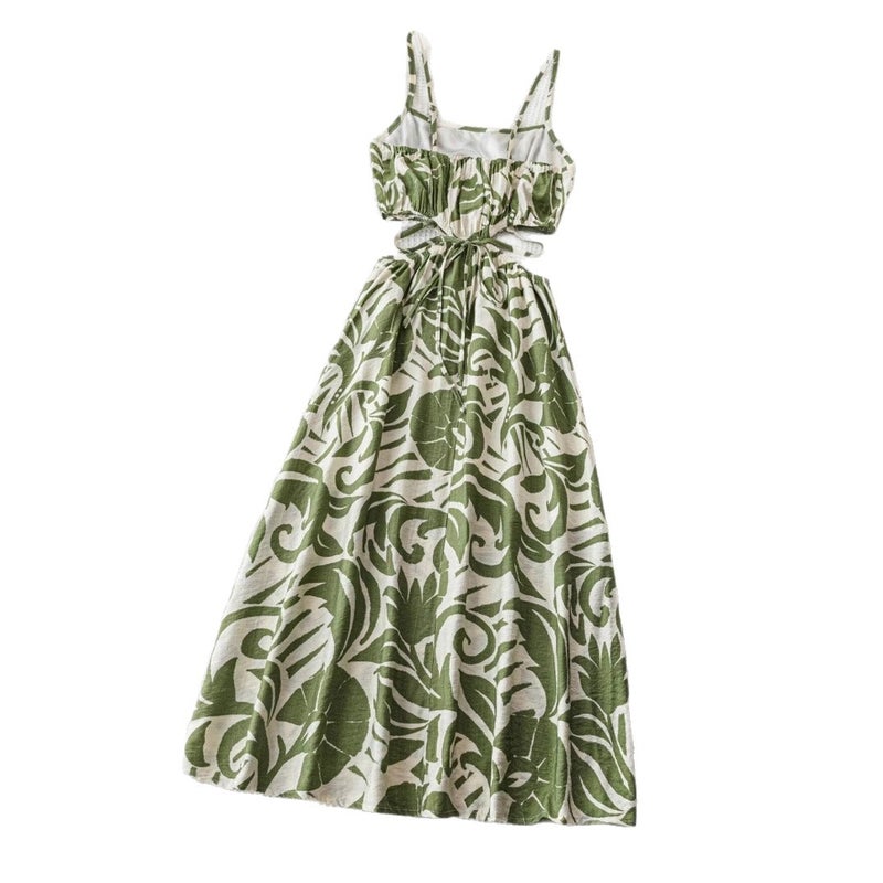 Women's Summer Green Floral Long Sleeveless Dress, Cut-out Waist, Vacation Style - Image 5
