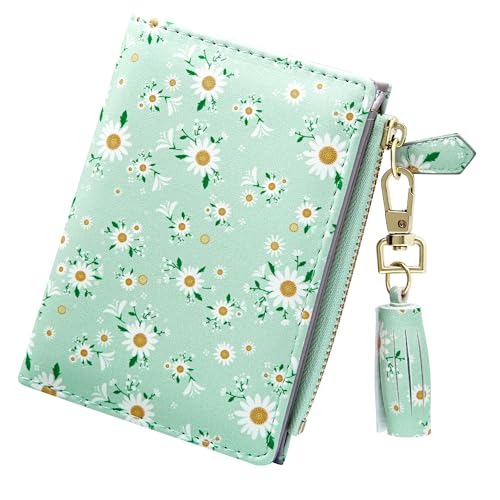 GEEAD Small Wallets for Women Bifold Slim Coin Purse Zipper ID Card Holder PU Leather Printed Blue Daisy - Image 1