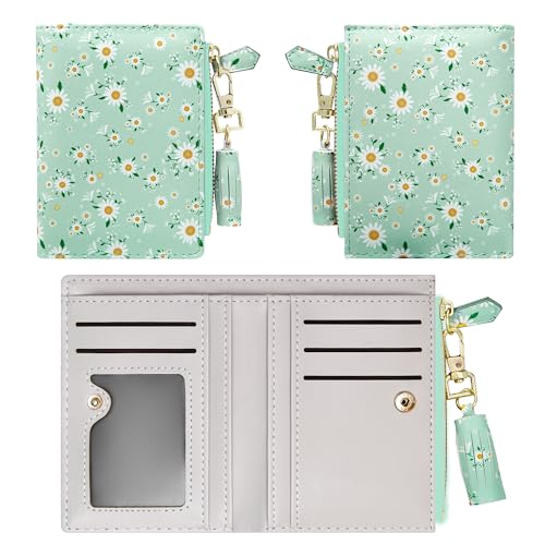 GEEAD Small Wallets for Women Bifold Slim Coin Purse Zipper ID Card Holder PU Leather Printed Blue Daisy - Image 2