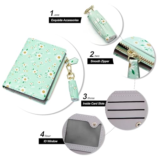 GEEAD Small Wallets for Women Bifold Slim Coin Purse Zipper ID Card Holder PU Leather Printed Blue Daisy - Image 4