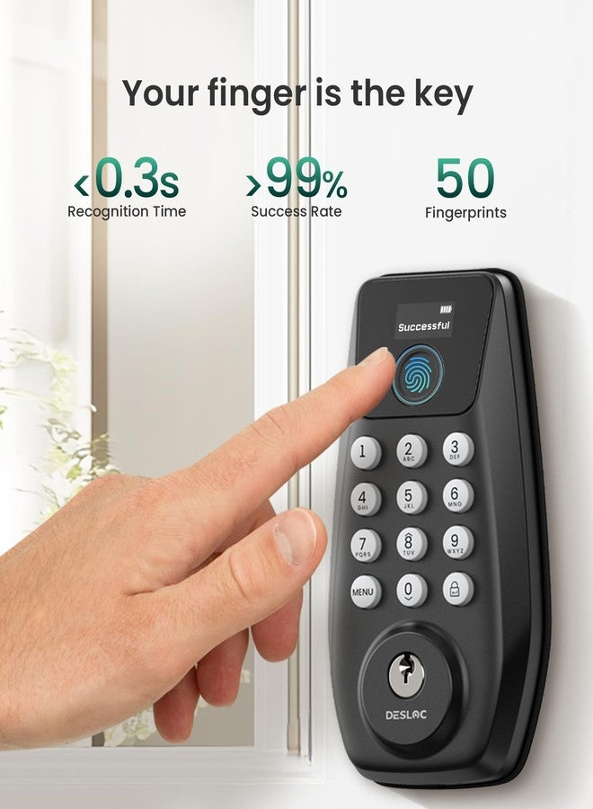 DESLOC C110 Keyless Entry Door Lock with Display (Smart Screen), Fingerprint Door Locks, Keypad Deadbolt, Auto-Lock, Backlit Keys, Passage Mode, IP54 Waterproof, BHMA Grade 3 (Black) - Image 2