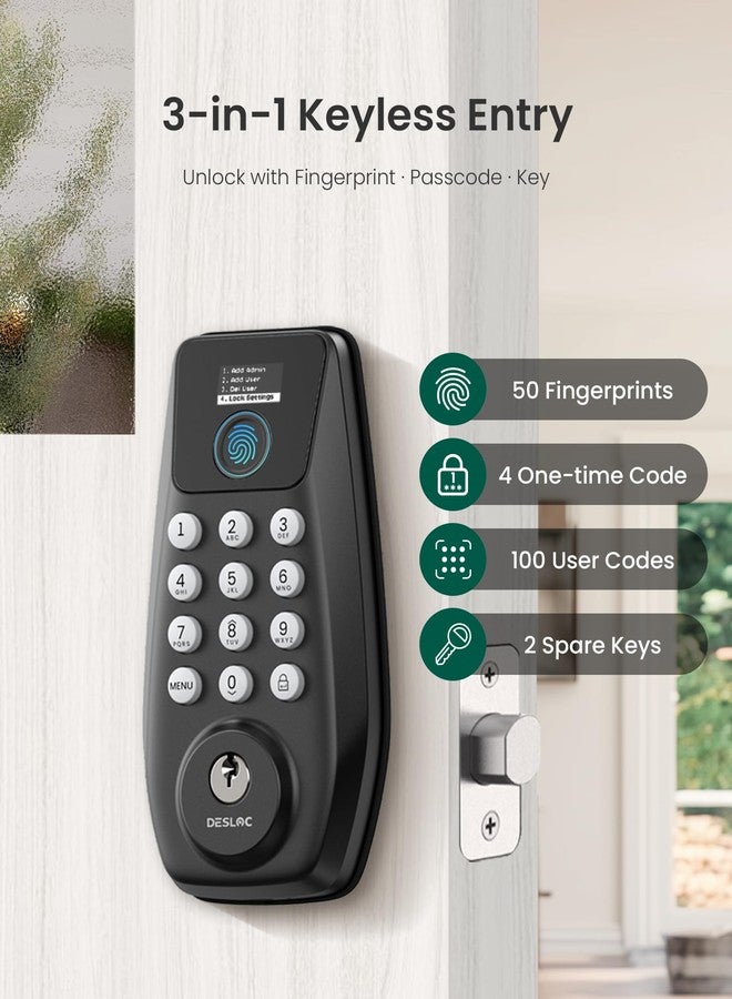 DESLOC C110 Keyless Entry Door Lock with Display (Smart Screen), Fingerprint Door Locks, Keypad Deadbolt, Auto-Lock, Backlit Keys, Passage Mode, IP54 Waterproof, BHMA Grade 3 (Black) - Image 3