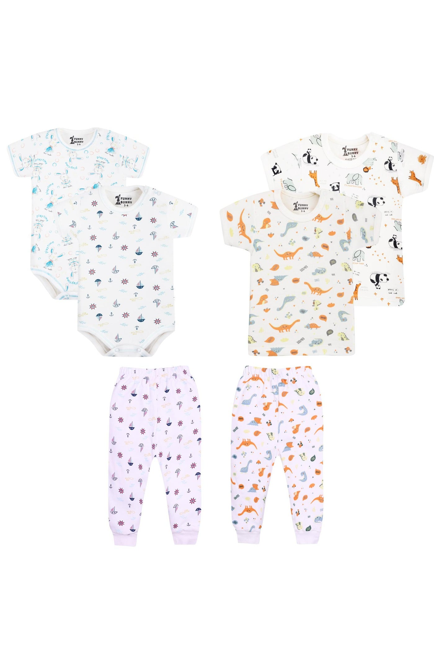 Funny Bunny Baby Wear 100% Cotton Bundle of 2 Onesies, 2 Half Sleeve Undershirts and 2 Pants, Printed White Pattern