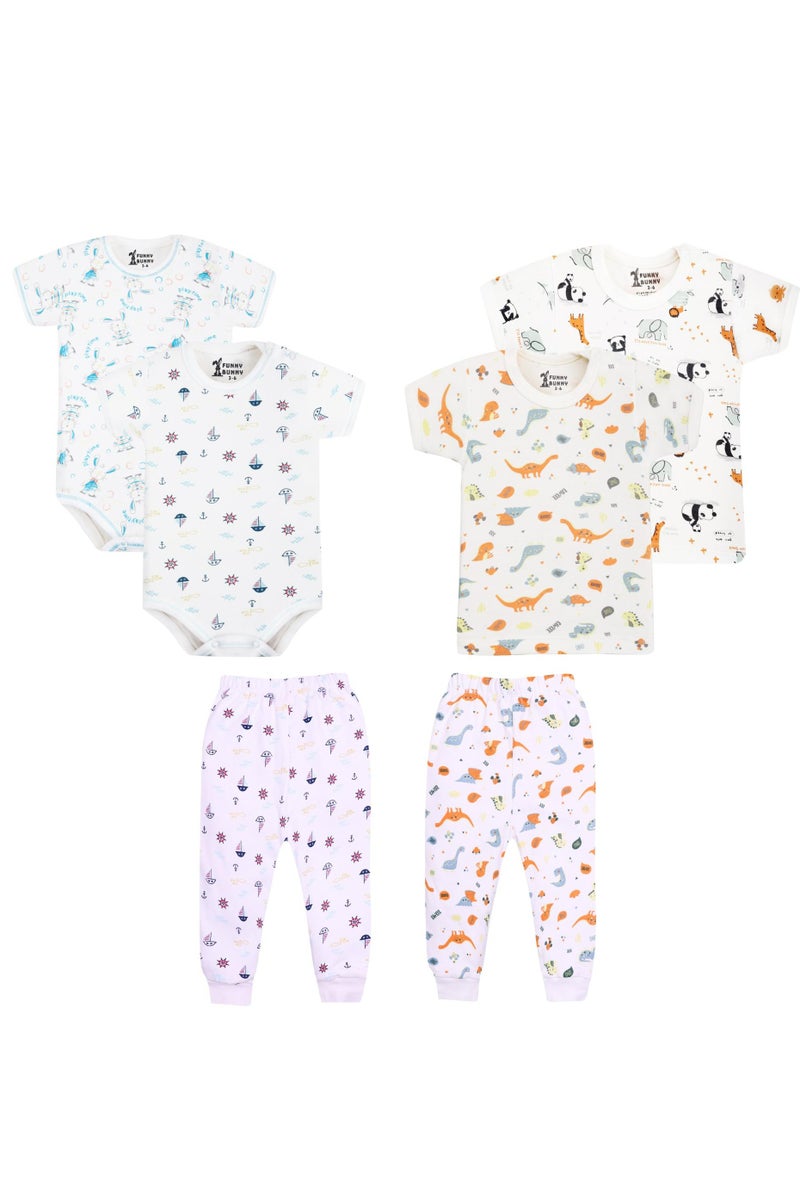 فاني باني فانى بانى مجموعة ملابس أطفال من مصنوعة من القطن بنسبة 100%، مكونة من قطعتين من الملابس الداخلية، و2 قميص داخلي بأكمام قصيرة، و2 بنطال، بنمط أبيض مطبوع - Image 1