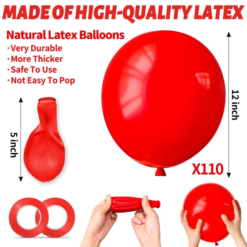 KUULBELA Red Balloon 110pcs, Red Latex Balloons12 inch for Birthday Valentine's Day Wedding(with 2 Ribbons). - Image 3