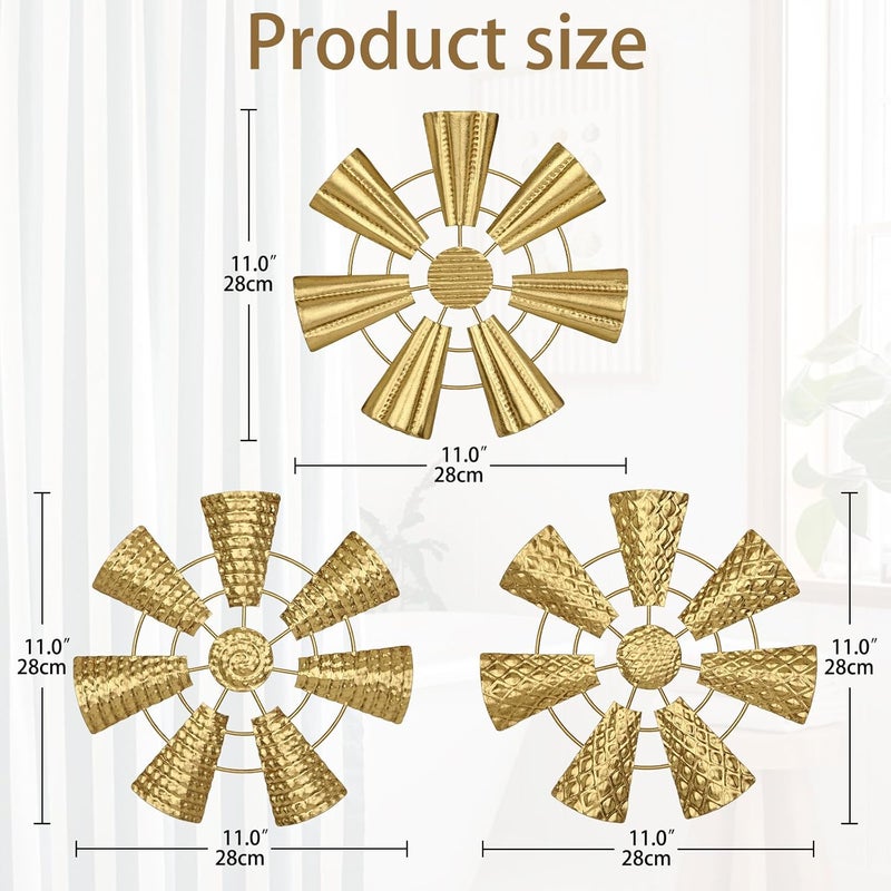 Briful Fault optimized construction 12" Wall Décor Pack of 3 Metal Gold Windmill Radial Plate Wall Art Modern Accent Hanging Wall Decorations For Home Office Living Room Wall Sculptures Processed natural substance - Image 2