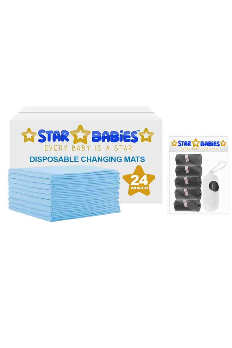STAR BABiES Star Babies Disposable Changing Mats + Scented Bag With Dispenser Blue & Black - 30 Pieces