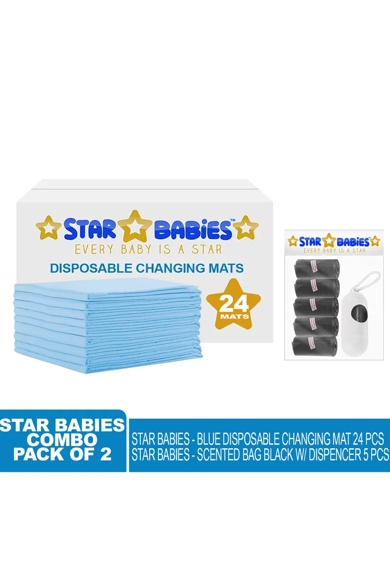 STAR BABiES Star Babies Disposable Changing Mats + Scented Bag With Dispenser Blue & Black - 30 Pieces