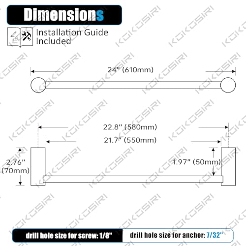 KOKOSIRI Towel Bar Black Bathroom Towel Rack Wall Mounted 24Inch Single Rail for Lavatory Bathroom Hardware Accessory Stainless Steel B4007BKL24 - Image 3