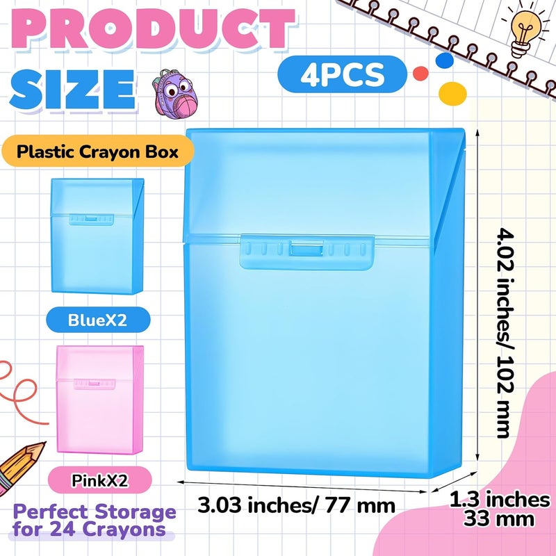Clabby 4 Pcs Plastic Crayon Organizer Case for 24 Count Crayons Kids Art Supply Storage Box with Lid, Portable Holder for Classroom Home Travel, Fits Standard 24-Pack Crayon (Blue,Pink) - Image 2