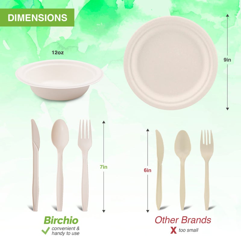 BIRCHIO 250 Piece (50 Sets) Biodegradable Paper Plates Set (EXTRA LONG UTENSILS)  Disposable Dinnerware Set  Eco Friendly Compostable Plates & Utensil include Plates  Bowls  Forks  Knives and Spoons - Image 2