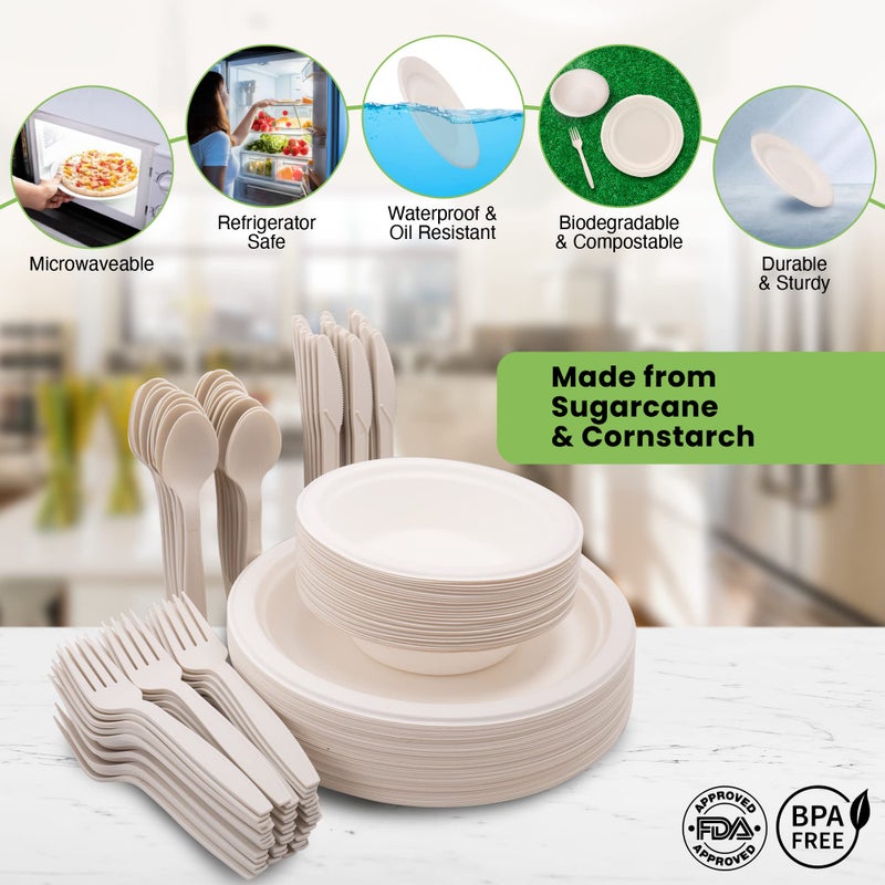 BIRCHIO 250 Piece (50 Sets) Biodegradable Paper Plates Set (EXTRA LONG UTENSILS)  Disposable Dinnerware Set  Eco Friendly Compostable Plates & Utensil include Plates  Bowls  Forks  Knives and Spoons - Image 3