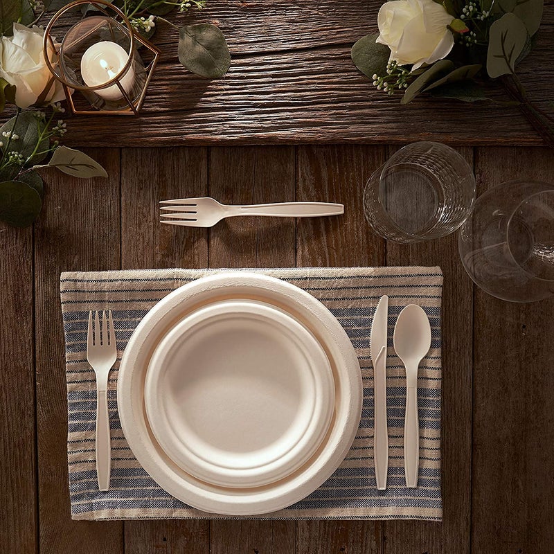 BIRCHIO 250 Piece (50 Sets) Biodegradable Paper Plates Set (EXTRA LONG UTENSILS)  Disposable Dinnerware Set  Eco Friendly Compostable Plates & Utensil include Plates  Bowls  Forks  Knives and Spoons - Image 4